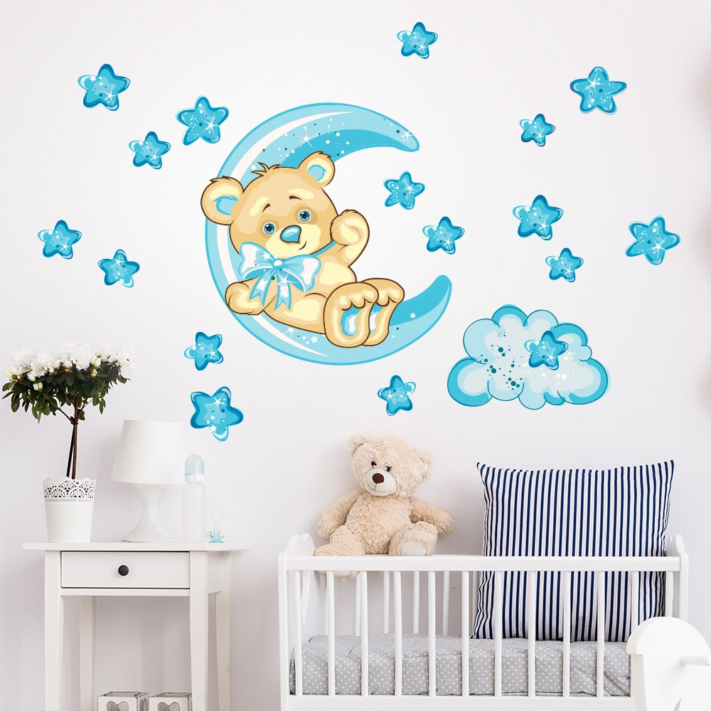 Sticker Bambini con Orsetto buonanotte luna (azzurro) - Adesivi Murali